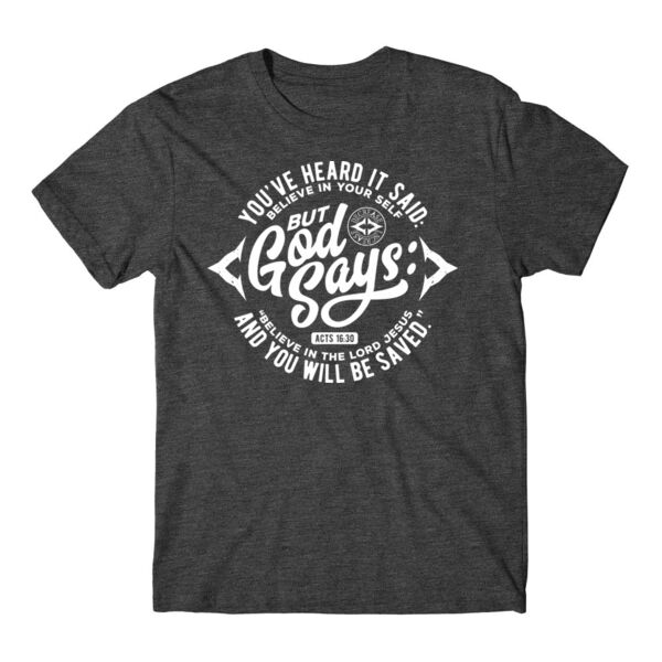 BELIEVE IN THE LORD JESUS - PREMIUM T-SHIRT - CHARCOAL HEATHER - 58ZBRW Thumbnail